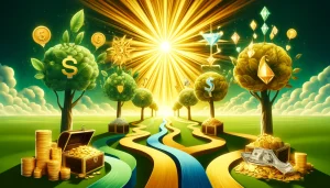 DALL·E 2024-05-28 11.02.03 – A symbolic image representing pathways to prosperity without human presence. The scene features a vibrant landscape with multiple diverging paths, eac